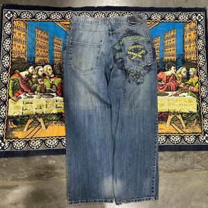 Mecca USA y2k baggy jeans Embroidered 38x34 blue wash baggy wide leg skater punk